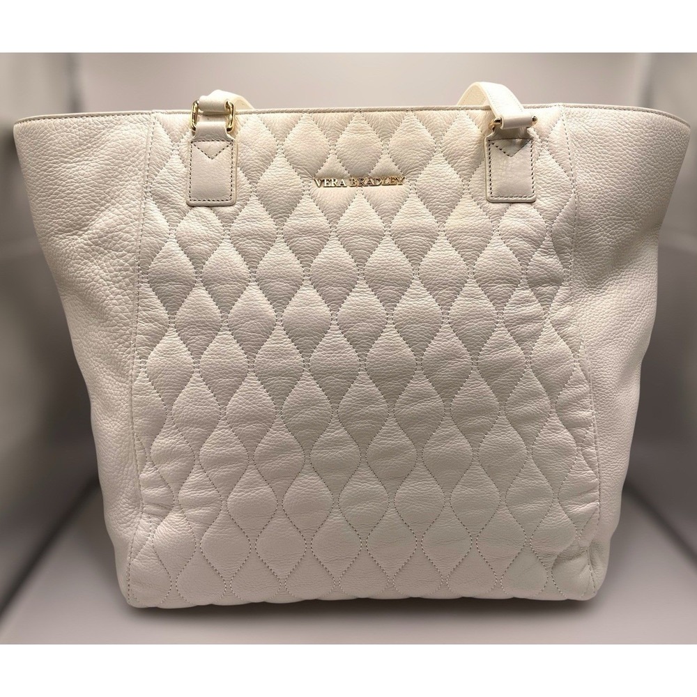 Vera Bradley Leather Tote Ella Bag White Quilted Pebbled Shoulder Zip Top